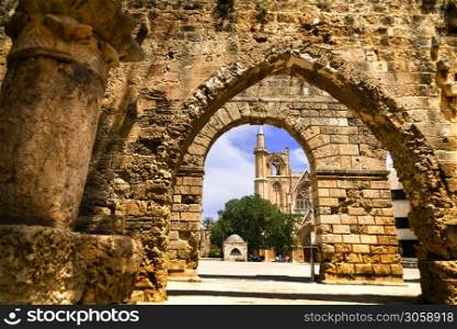 Cyprus island travel and landmarks. Stone arch of ancient town Famagusta in Turkish part