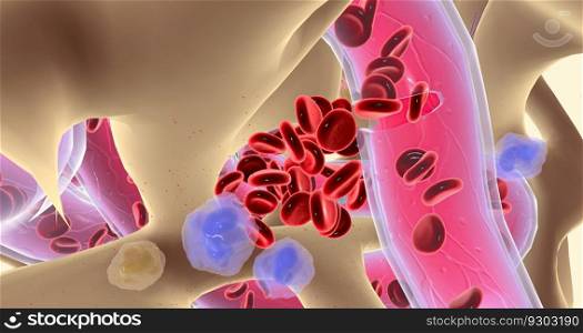 Cytokines reach the blood vessels in spongy bone. 3D rendering. Cytokines reach the blood vessels in spongy bone.