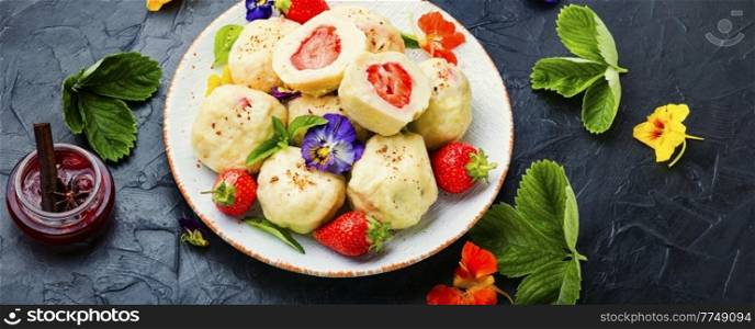 Czech dumplings varenyky with berries.Dumplings with strawberries or knedlik.. Dumplings or knedliky with strawberries filling