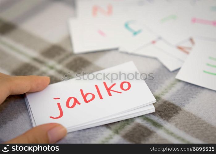 Czech; Learning the New Word with the Alphabet Cards; Writing APPLE