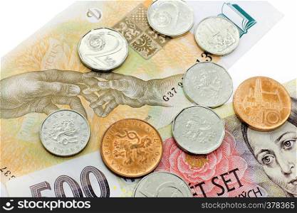 Czech money, banknotes and coins on white background, closeup
