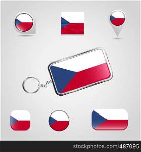 Czech Republic Country Flag on Keychain and map pin different style. Vector EPS10 Abstract Template background