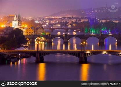 Czech Republic. Prague in the evening. Five bridges over the Vltava river in one shot. Famous Bridges of Prague in the Evening