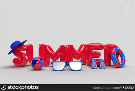 D Text Summer with Elements, Sun Glass, Flip-Flops, Hat Beach, Ball, Ring Floating For Background Banner or Wallpaper. Creative Design of Summer Vacation Holiday Concept. 3D Rendering