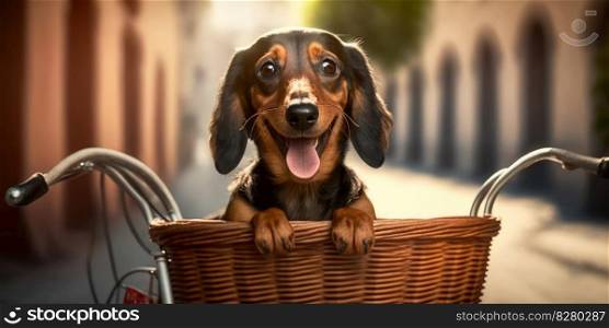 Dachshund dog have fun bicycle ride on sunshine day morning in summer on town street