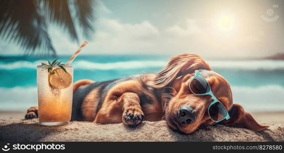 Dachshund dog is on summer vacation at seaside resort and relaxing rest on summer beach of Hawaii