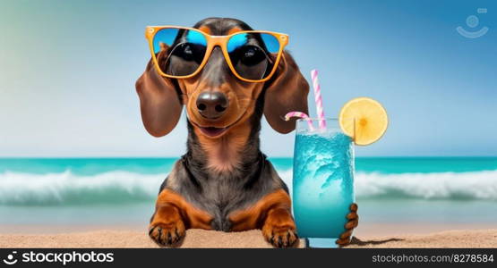 Dachshund dog is on summer vacation at seaside resort and relaxing rest on summer beach of Hawaii