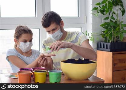 Dad and daughter in quarantine at home, planting plants in pots