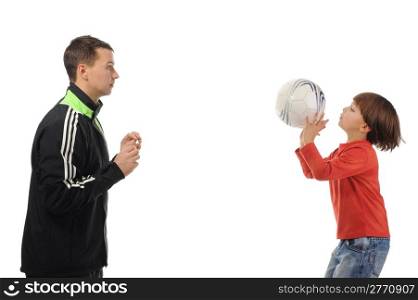 Dad and son playing ball. Isolated on white background