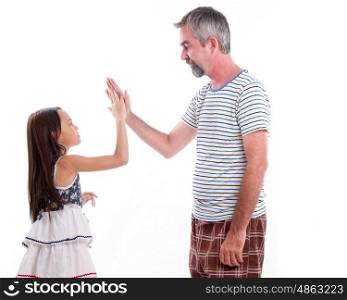 Dad high fiving daughter, palms together on isolated white