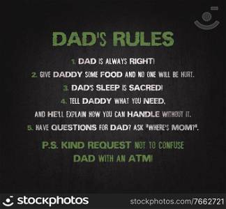 DAD’s rules funny text art illustration for printing as a gift on father’s day. Trendy and creative design, hipster banner composition. Humorous family relationship, love dad typography.
