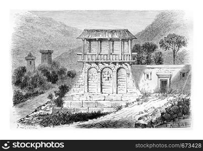 Dadiani Mansion in Svaneti, Georgia, drawing by Sellier based on a sketch by Bernoville, vintage illustration. Le Tour du Monde, Travel Journal, 1881