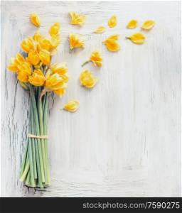 Daffodils flowers bunch with yellow petals. Spring background.