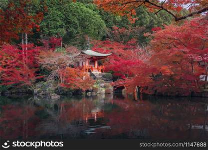 Daigoji Pagoda Temple with red maple leaves or fall foliage in autumn season. Colorful trees, Kyoto, Japan. Nature landscape background.