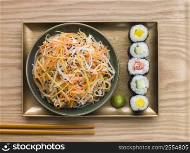 Daikon and Carrot Salad with Sesame Sushi and Wasabi (overhead)