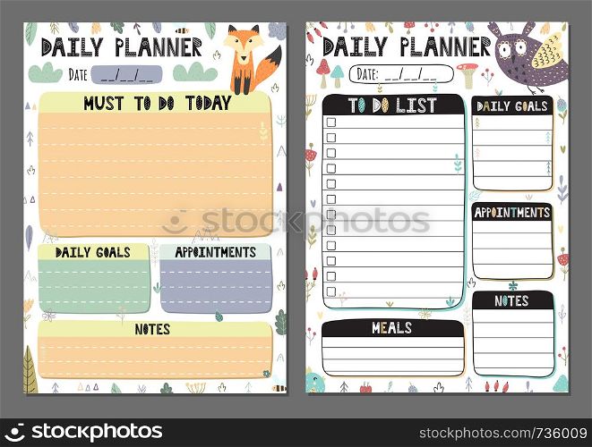 Daily planners collection. To do list set with a cute owl and fox. Vector illustration