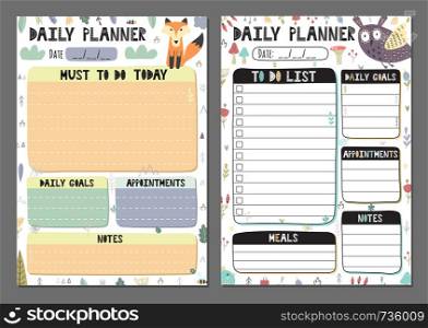 Daily planners collection. To do list set with a cute owl and fox. Vector illustration