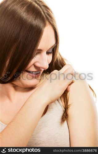 Daily skin care and hygiene. Funny woman with armpit long hair on white