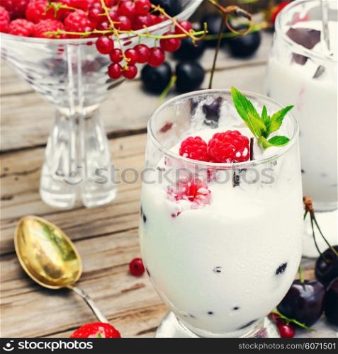 Dairy ice cream varieties decorated with raspberries and currants. Ice cream with berries and mint