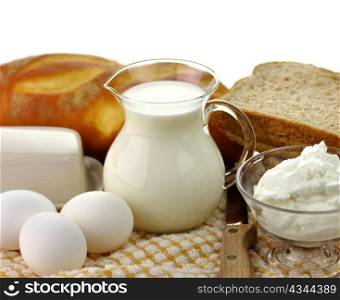 dairy products and Fresh eggs in glass containers