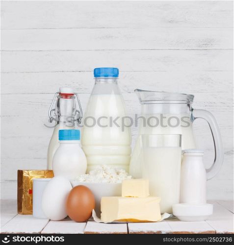 Dairy products assortment on wooden table