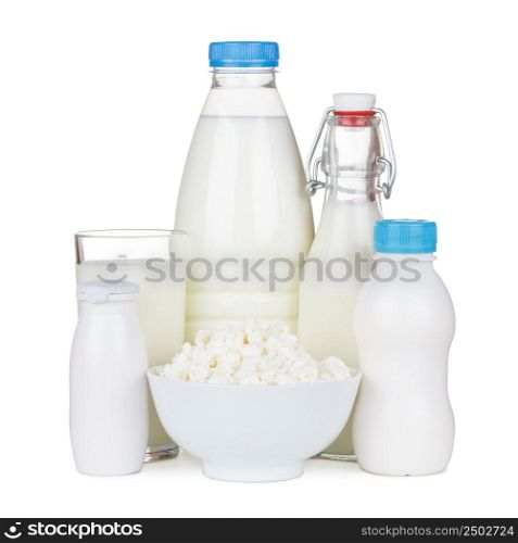 Dairy products, milk, yoghurt, cottage cheese isolated on white
