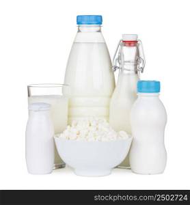 Dairy products, milk, yoghurt, cottage cheese isolated on white