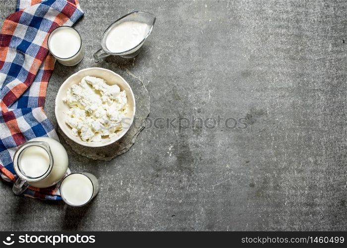Dairy products on the fabric. On the stone table.. Dairy products on the fabric.