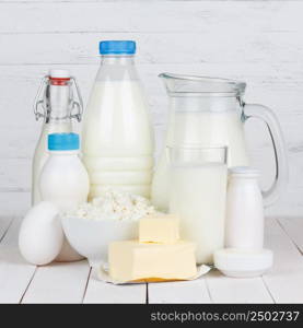 Dairy products on wooden table