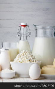 Dairy products on wooden table close-up