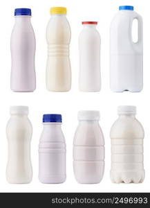Dairy products packaging set. Milk bottles blank mock-up design collection. Clean closed yogurt bottles isolated on white background.