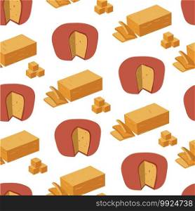 Dairy products seamless pattern of cheese cut in pieces. Portion of organic ingredient for dishes and culinary recipes. Edam or gouda, cheddar full of calcium and vitamins, vector in flat style. Cheese sliced in cubes, dairy products seamless pattern