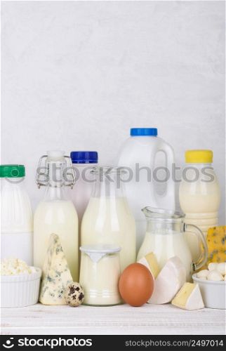 Dairy products still life vertical with copy space