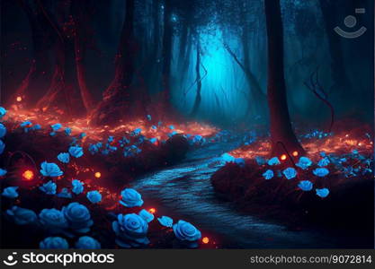 daisies lit up at night in a dark forest. Concept