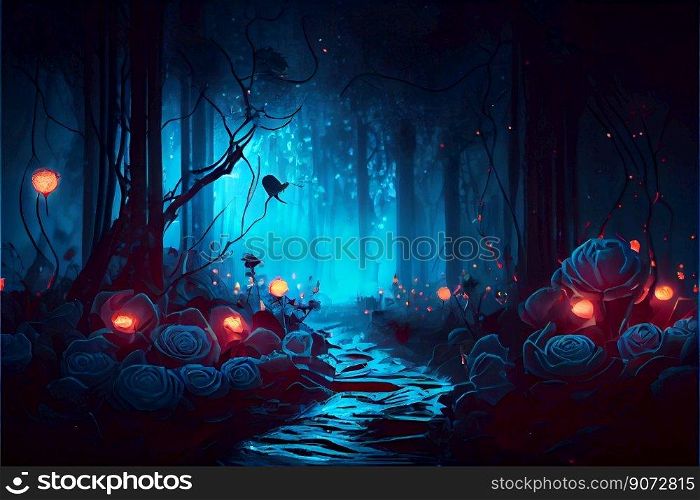 daisies lit up at night in a dark forest. Concept