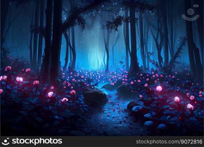 daisies lit up at night in a dark forest. Concept