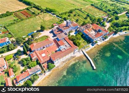 Dajla abandoned convent aerial panoramic coastline view, Istria region of Croatia