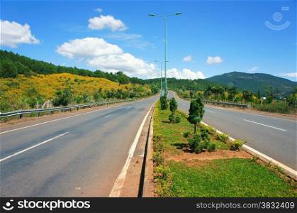 Dalat highway, beauty road cross pine forest with wild flower under blue sky and cloud, the street at Vietnamese countryside with fresh air, good surface, traffic can fast