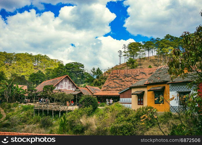 DALAT, VIETNAM - February 17, 2017: Cu Lan village at Dalat countryside, hotel and holiday resort among pine jungle, camp on grass field, an eco tourism in nature reserse