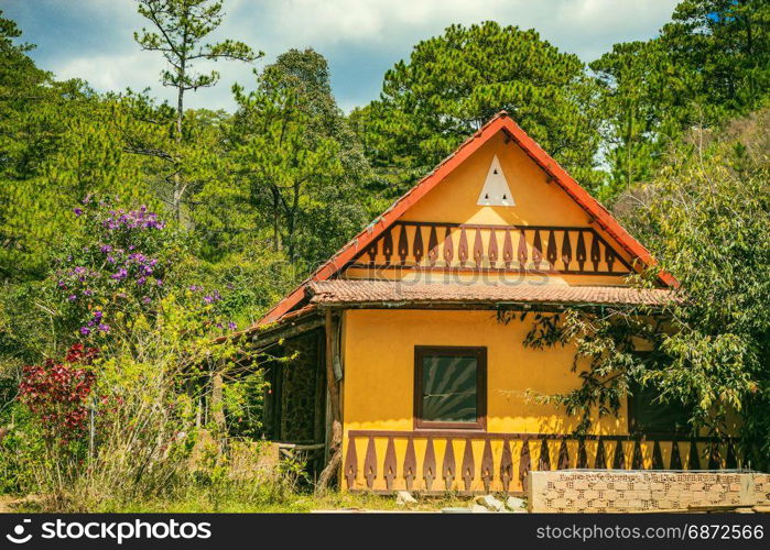 DALAT, VIETNAM - February 17, 2017: Cu Lan village at Dalat countryside, hotel and holiday resort among pine jungle, camp on grass field, an eco tourism in nature reserse