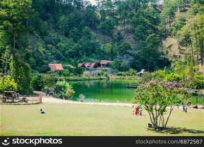 DALAT, VIETNAM - February 17, 2017: Cu Lan village at Dalat countryside, hotel and holiday resort among pine jungle, camp on grass field, an eco tourism in nature reserse