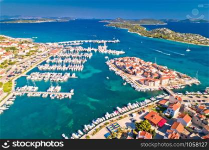 Dalmatian town of Tribunj and amazing turquoise archipelago aerial view, Dalmatia region of Croatia