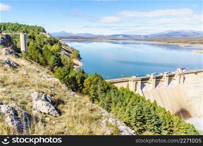 Dam and hydro electric power plant on Embalse de Aguilar de Campoo, province of Palencia, Castile and Leon community in northern Spain.. Dam on Embalse de Aguilar de Campoo, Spain.