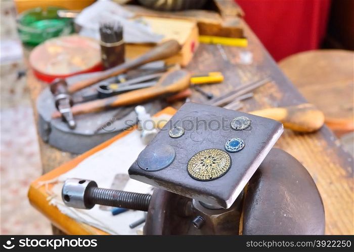 Damascene work craftsman workshop in Toledo, Spain.