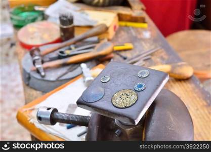 Damascene work craftsman workshop in Toledo, Spain.