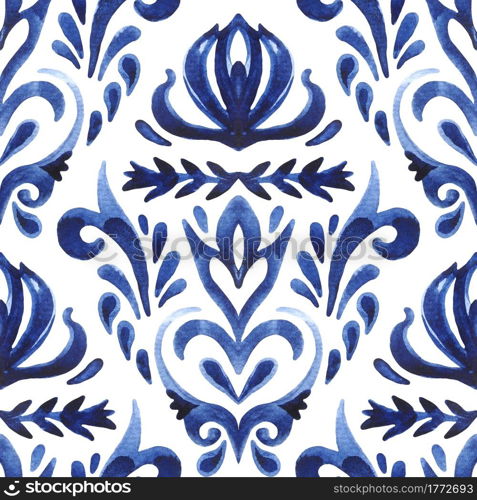 Damask seamless ornamental watercolor arabesque paint tile pattern for fabric and wall decoration.. Abstract seamless ornamental watercolor paint pattern for fabric