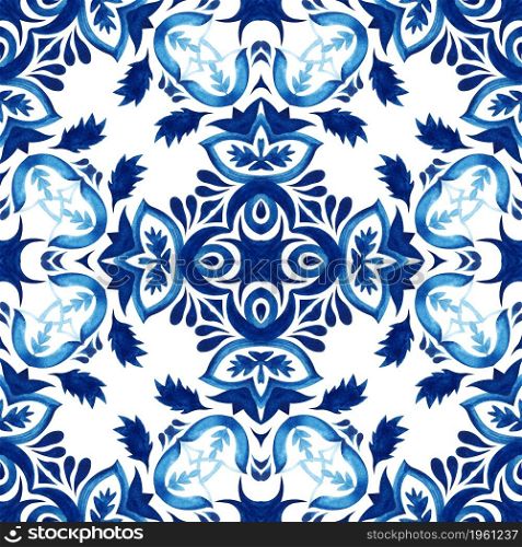 Damask seamless ornamental watercolor arabesque paint tile pattern for fabric and wall decoration. Portuguese cross mosaic tile print.. Abstract blue and white hand drawn tile seamless ornamental watercolor paint pattern.