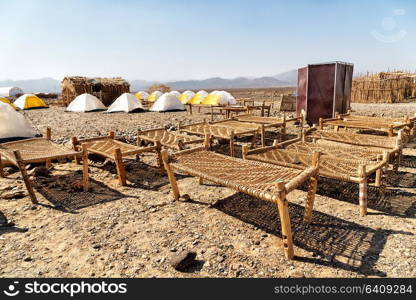 danakil ethiopia africa in the national park camping for tourist and typical oitside wooden bed made of wicker