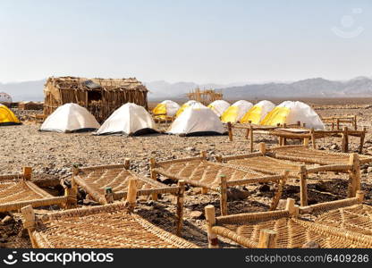 danakil ethiopia africa in the national park camping for tourist and typical oitside wooden bed made of wicker