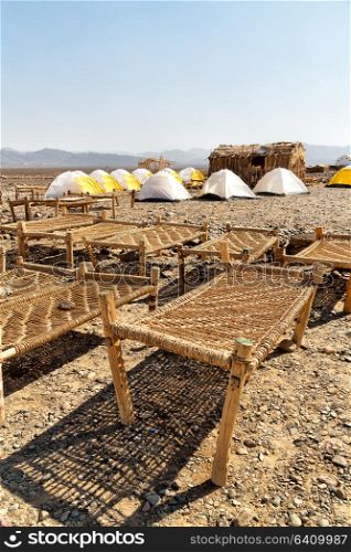 danakil ethiopia africa in the national park camping for tourist and typical oitside wooden bed made of wicker